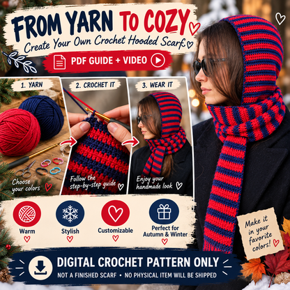 Crochet hooded scarf pattern from yarn to finished scarf with PDF guide and video tutorial