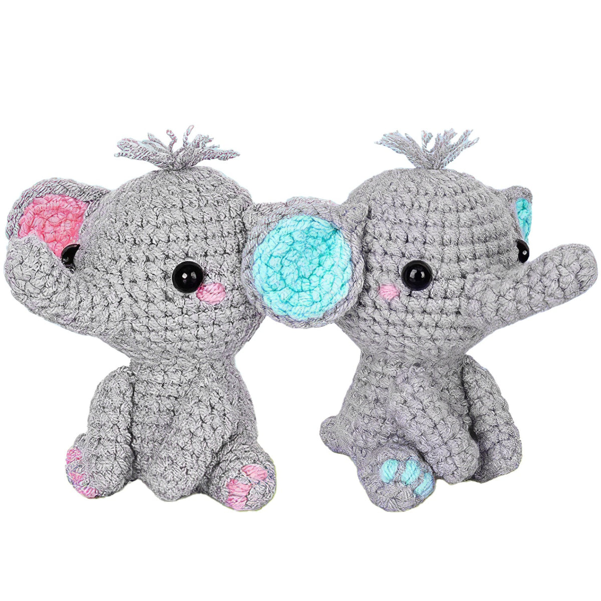 Two gray crochet elephants on a white background