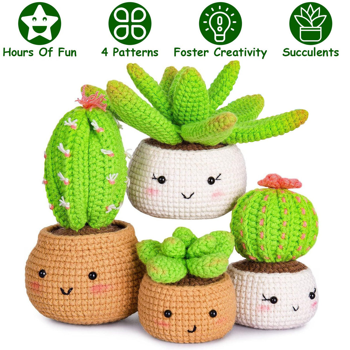 Four crochet succulent plants in smiling pots