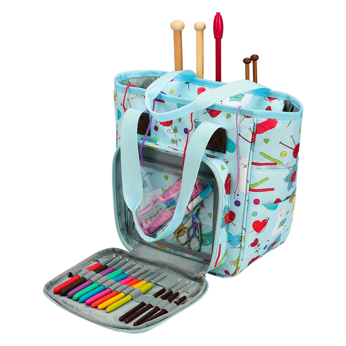 Light-blue patterned yarn bag with tool compartment open