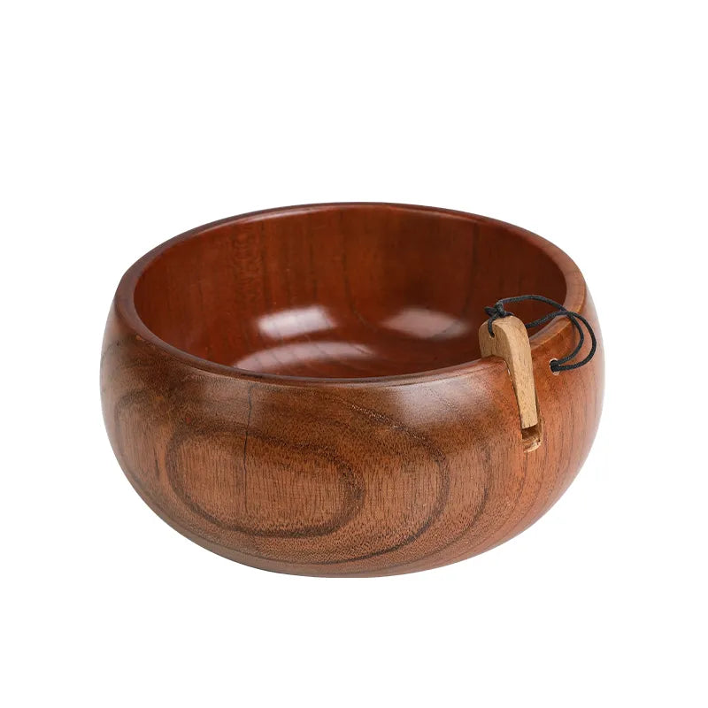 Coffee-brown wooden yarn bowl with curved yarn guide and removable wooden insert