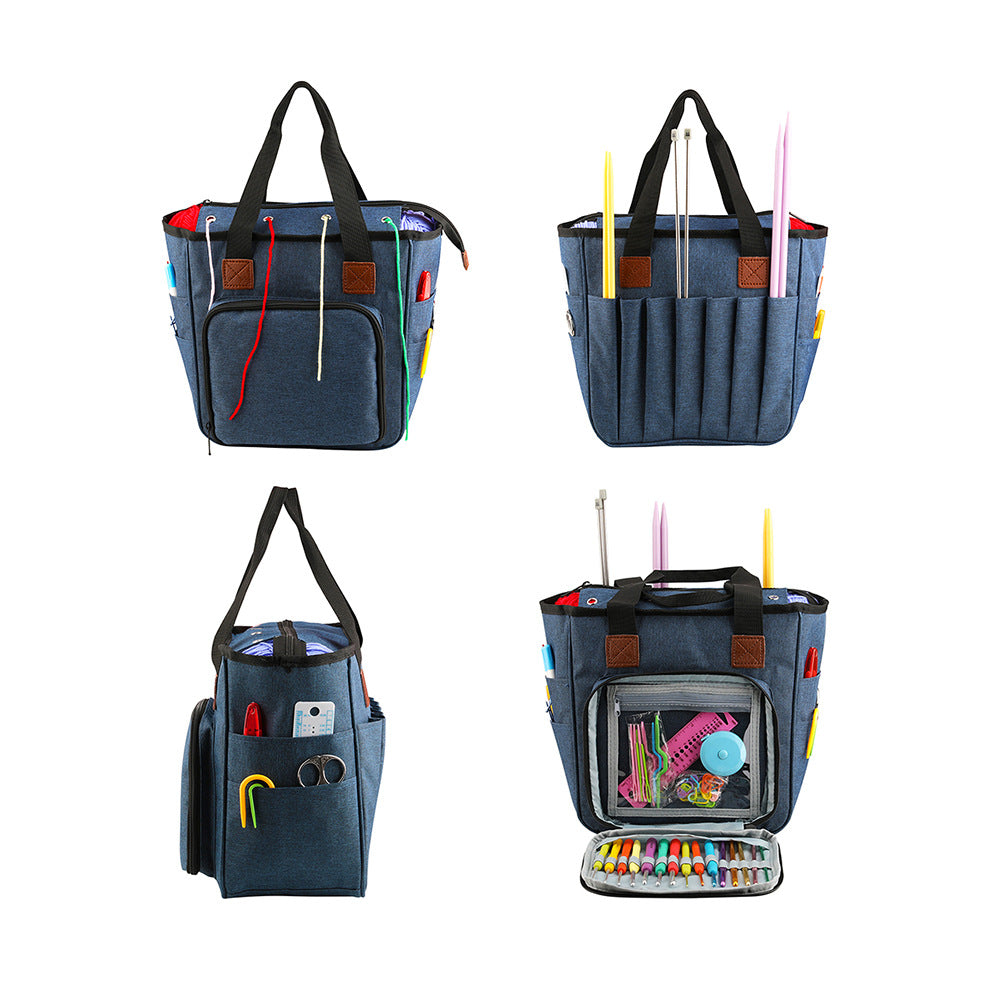 Denim-blue organizer shown open and closed