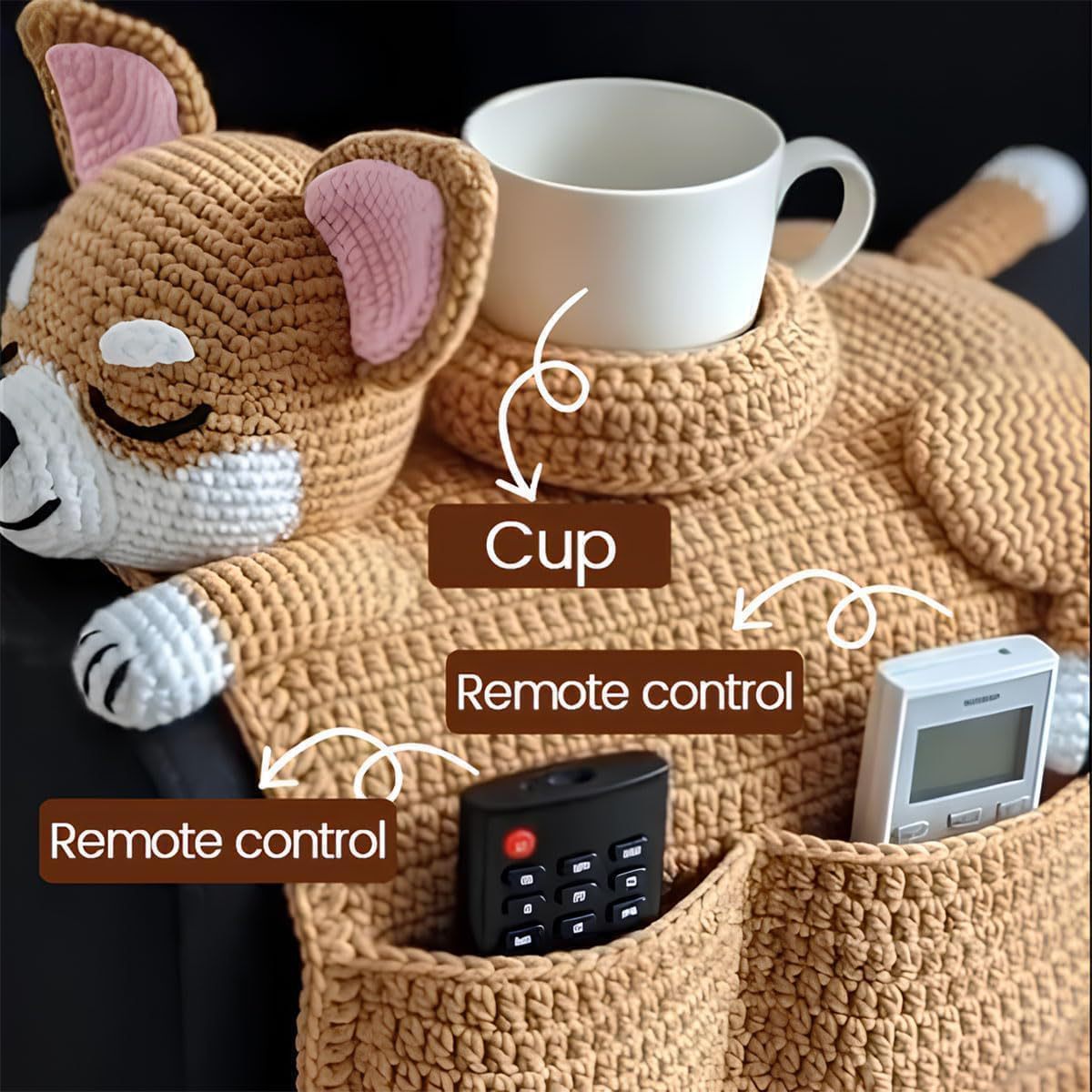 Crochet corgi sofa organizer with labeled cup holder and remote pockets