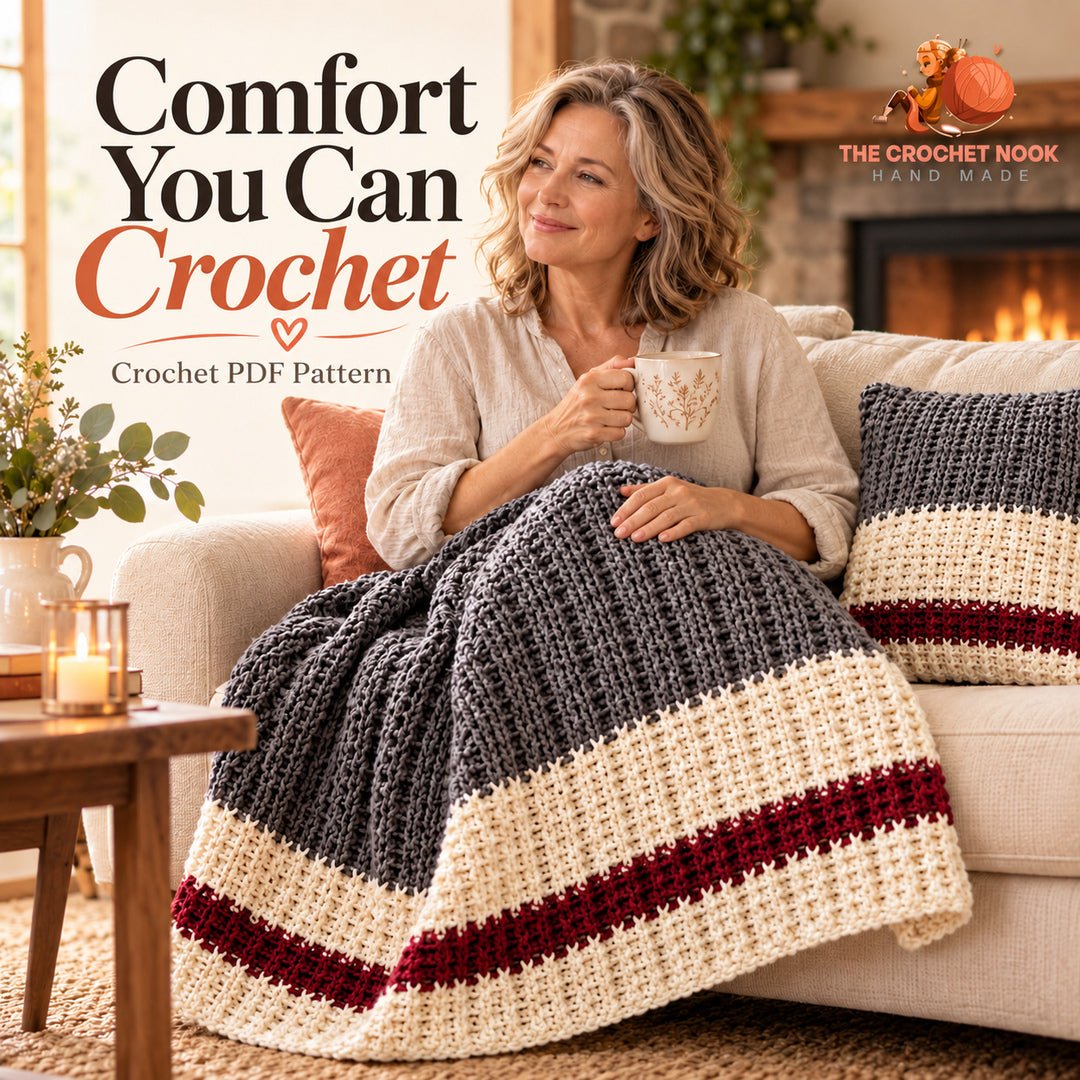 Woman with the finished Fireside textured stripe throw in a cozy lifestyle scene.