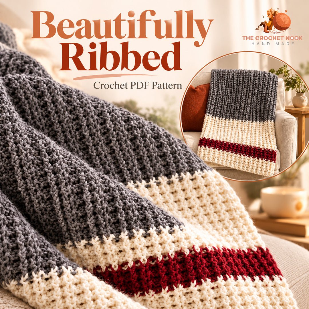 Raised front- and back-post stitch ribbing on the Fireside striped throw.