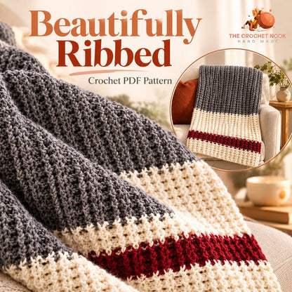 Raised front- and back-post stitch ribbing on the Fireside striped throw.