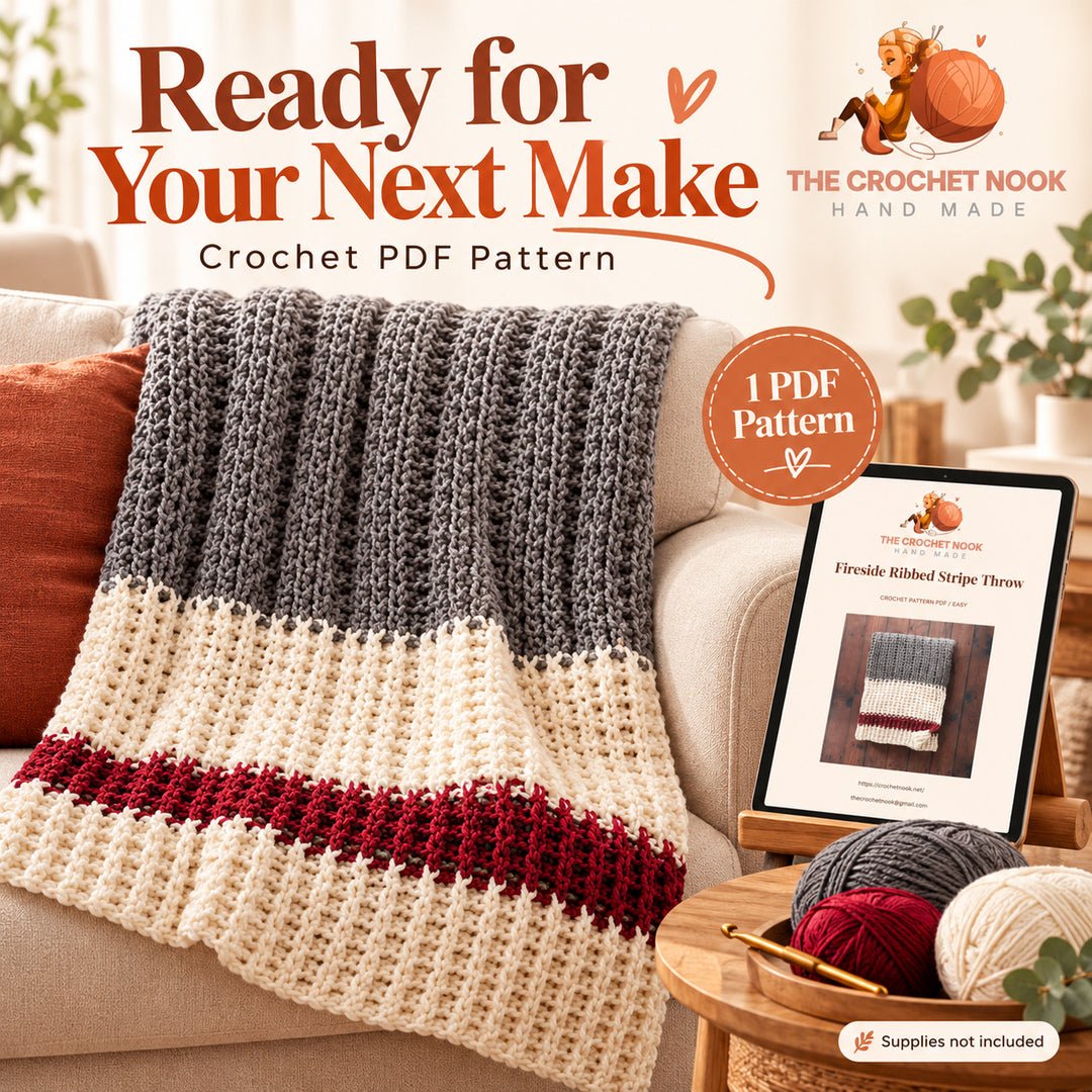 Fireside PDF pattern preview with the ribbed blanket and crochet supplies.