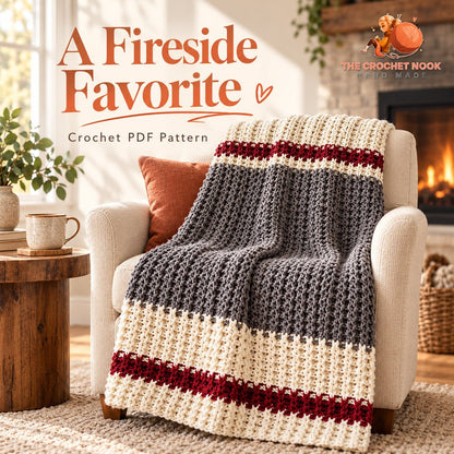 Fireside ribbed crochet throw with charcoal, cream and wine accent stripes styled at home.