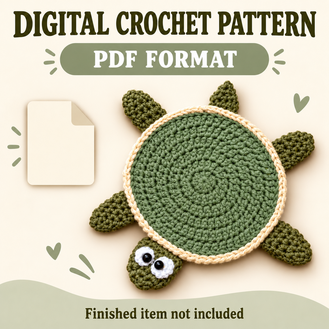 Sage crochet floor turtle with cream shell edging and olive flippers beside a file icon, labeled Digital Crochet Pattern, PDF Format, and Finished item not included.