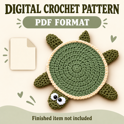 Sage crochet floor turtle with cream shell edging and olive flippers beside a file icon, labeled Digital Crochet Pattern, PDF Format, and Finished item not included.