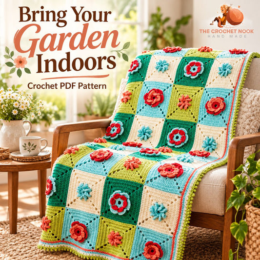 Garden Bloom floral granny square afghan displayed as a colorful home accent.