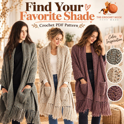 Suggested yarn colors for the Heather Trails fringed crochet pocket shawl.