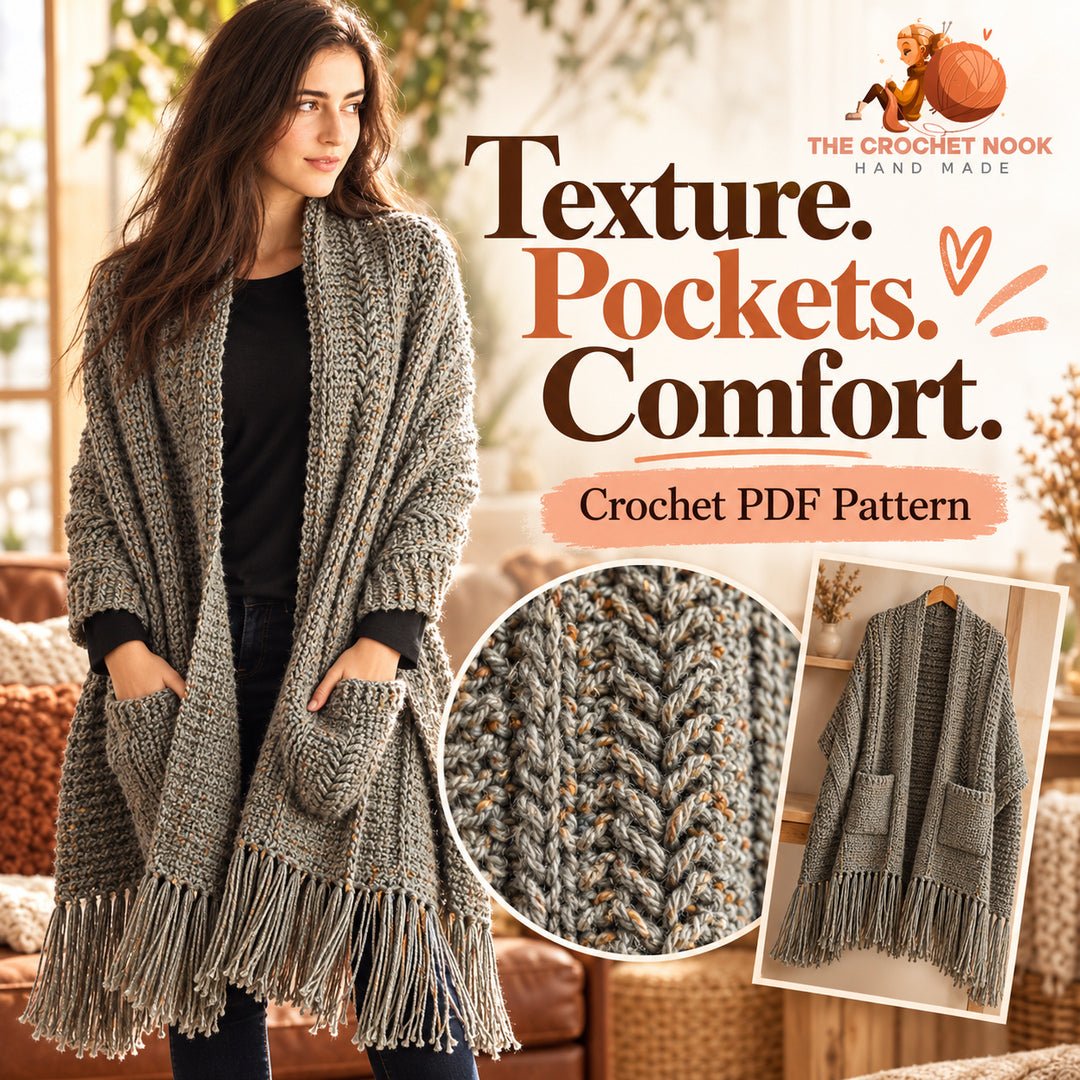 Close-up of the textured stitches and pocket detail on the Heather Trails crochet wrap.