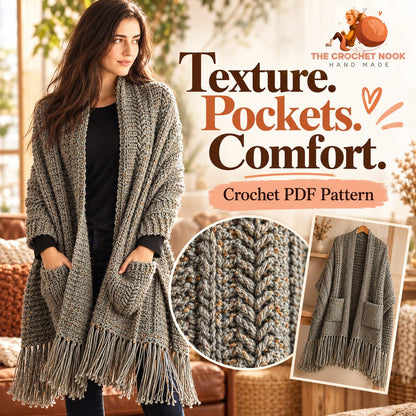 Close-up of the textured stitches and pocket detail on the Heather Trails crochet wrap.