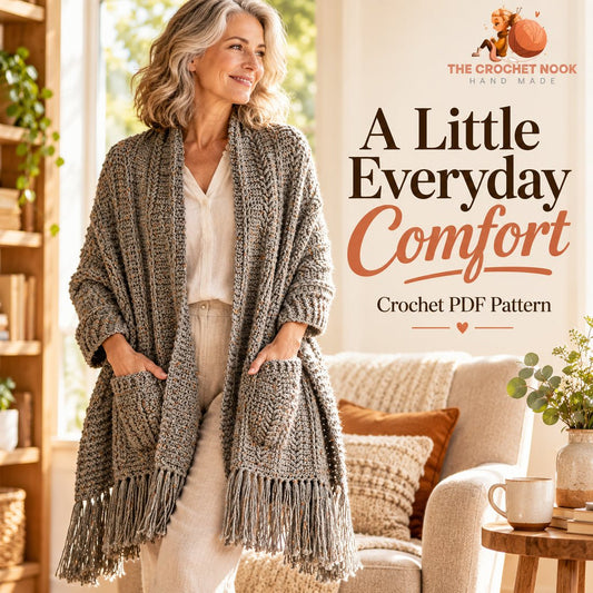 Woman wearing the Heather Trails crochet shawl with two front pockets and fringed ends.