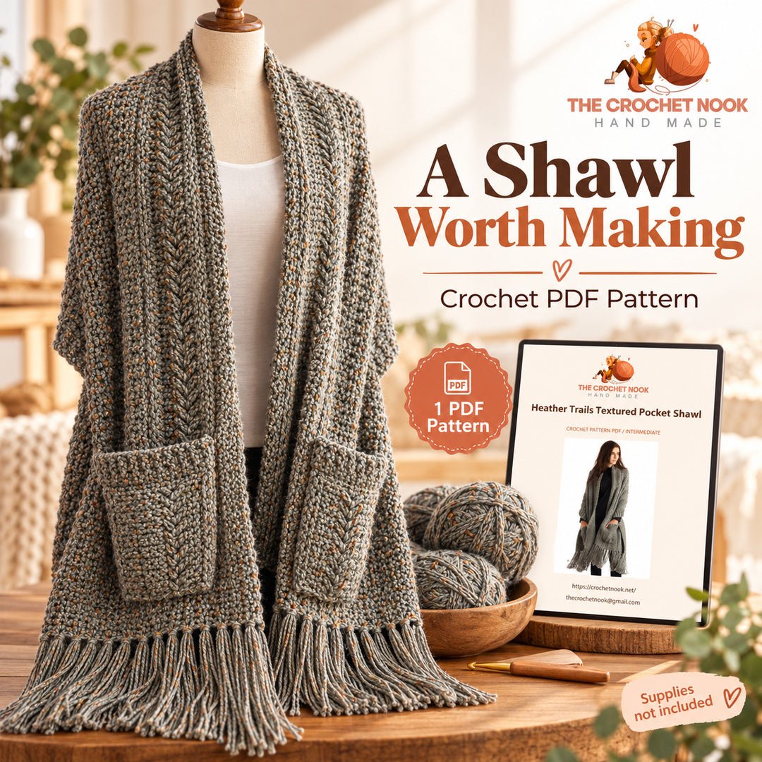 Heather Trails pocket shawl pattern PDF preview beside yarn and a crochet hook.