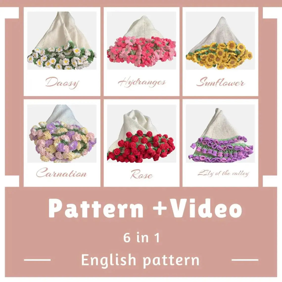 Six floral blanket styles on a pattern-and-video cover