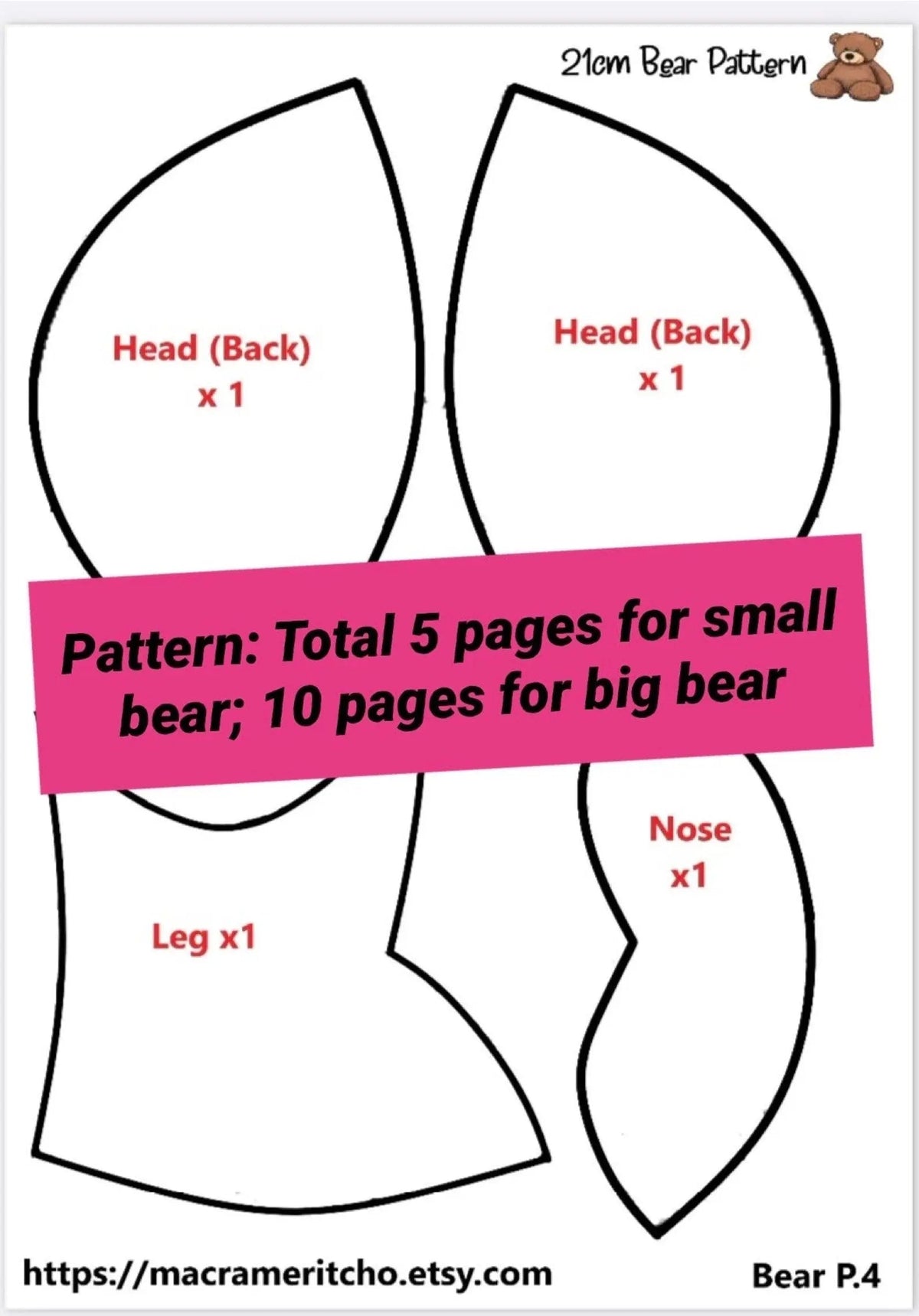 Preview image of teddy bear sewing template pieces