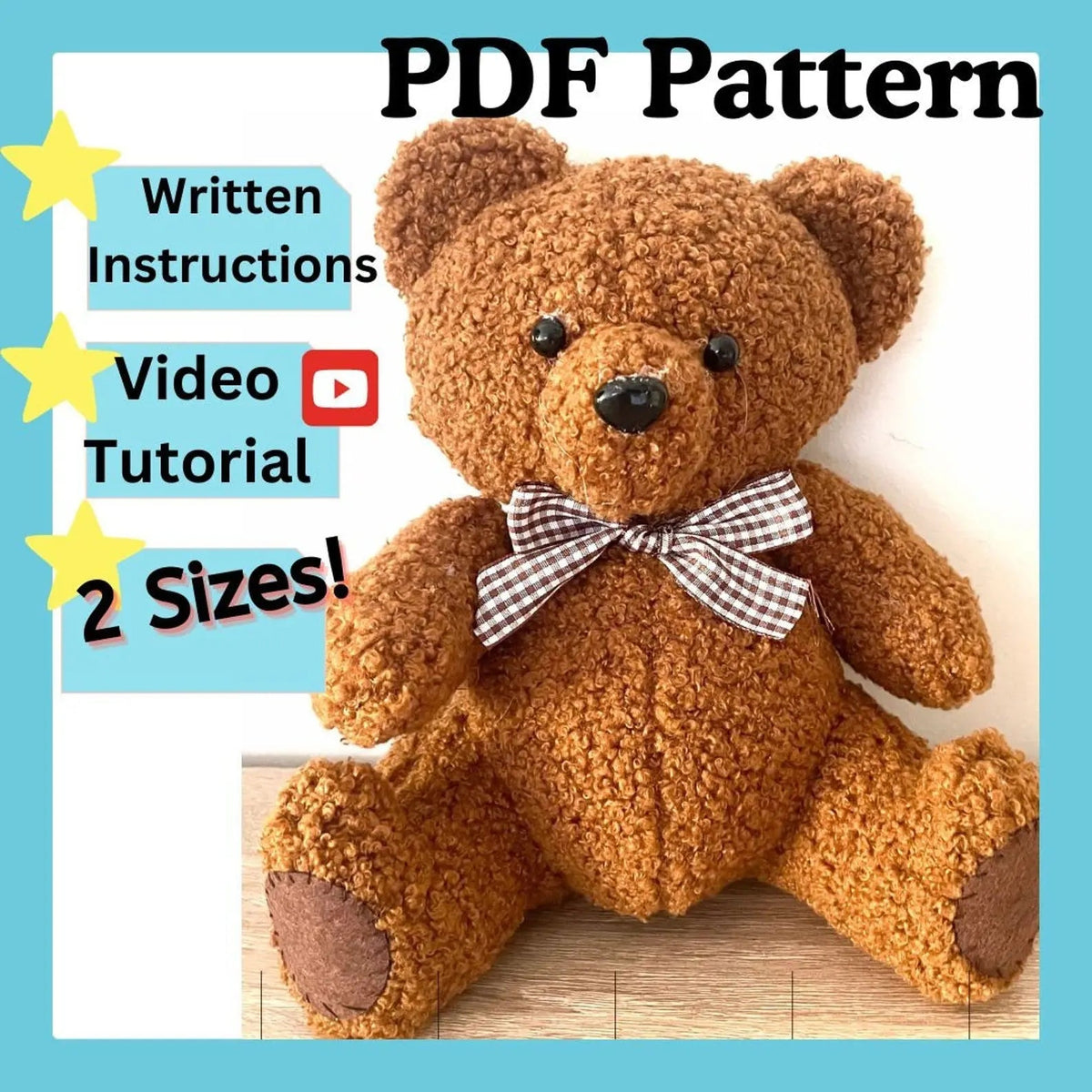 Brown fabric teddy bear with a gingham bow on the sewing pattern cover