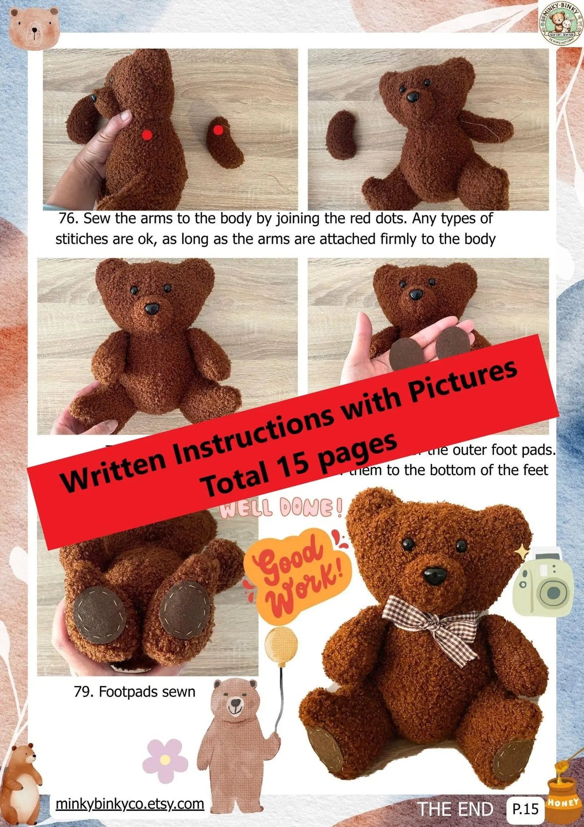 Photo collage showing teddy bear sewing instruction steps