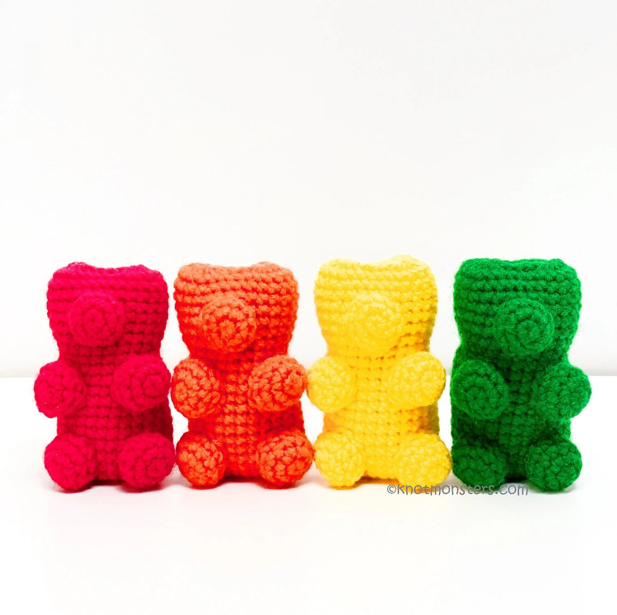 Red, orange, yellow and green crochet gummy bears