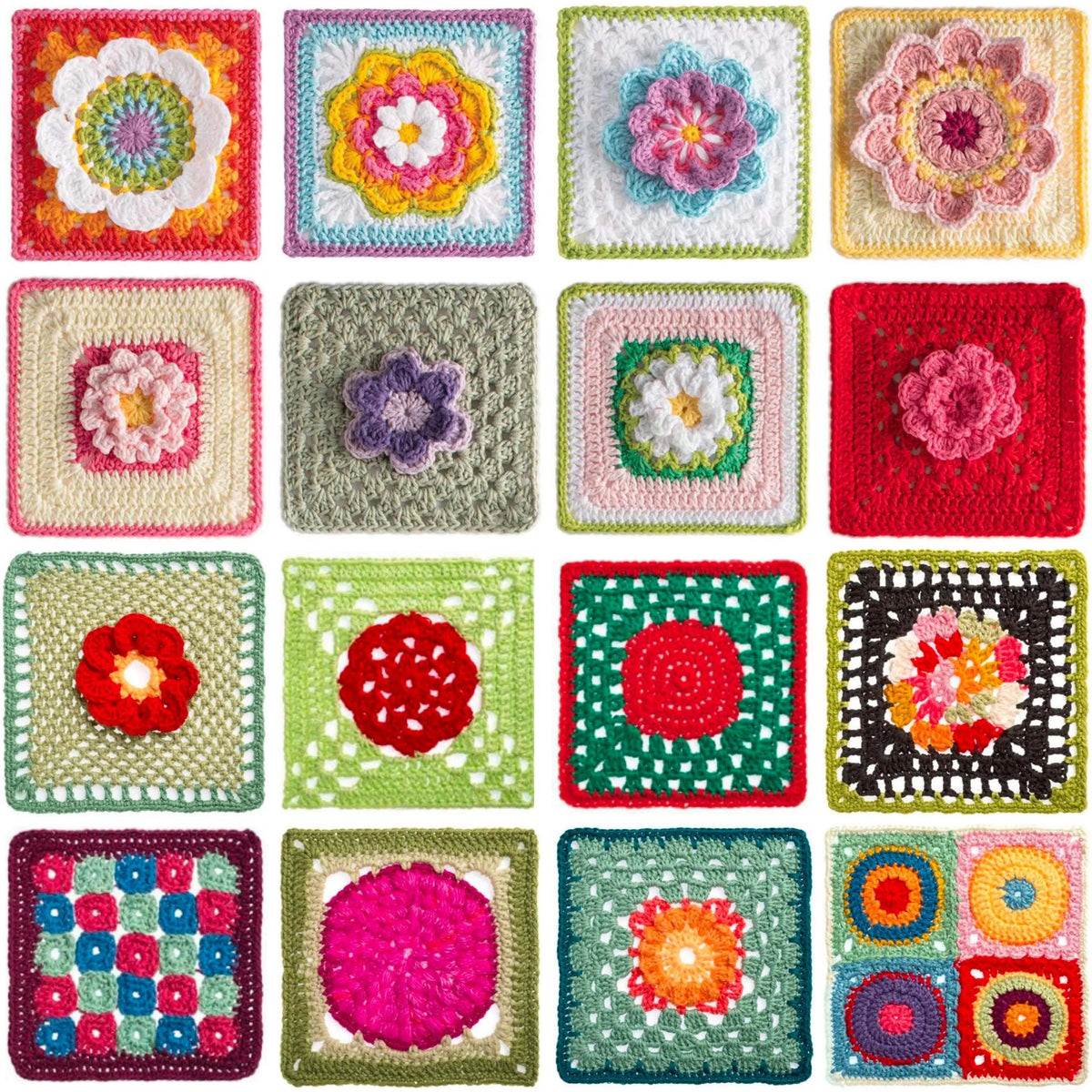 Colorful granny square samples including flowers and a ladybug motif