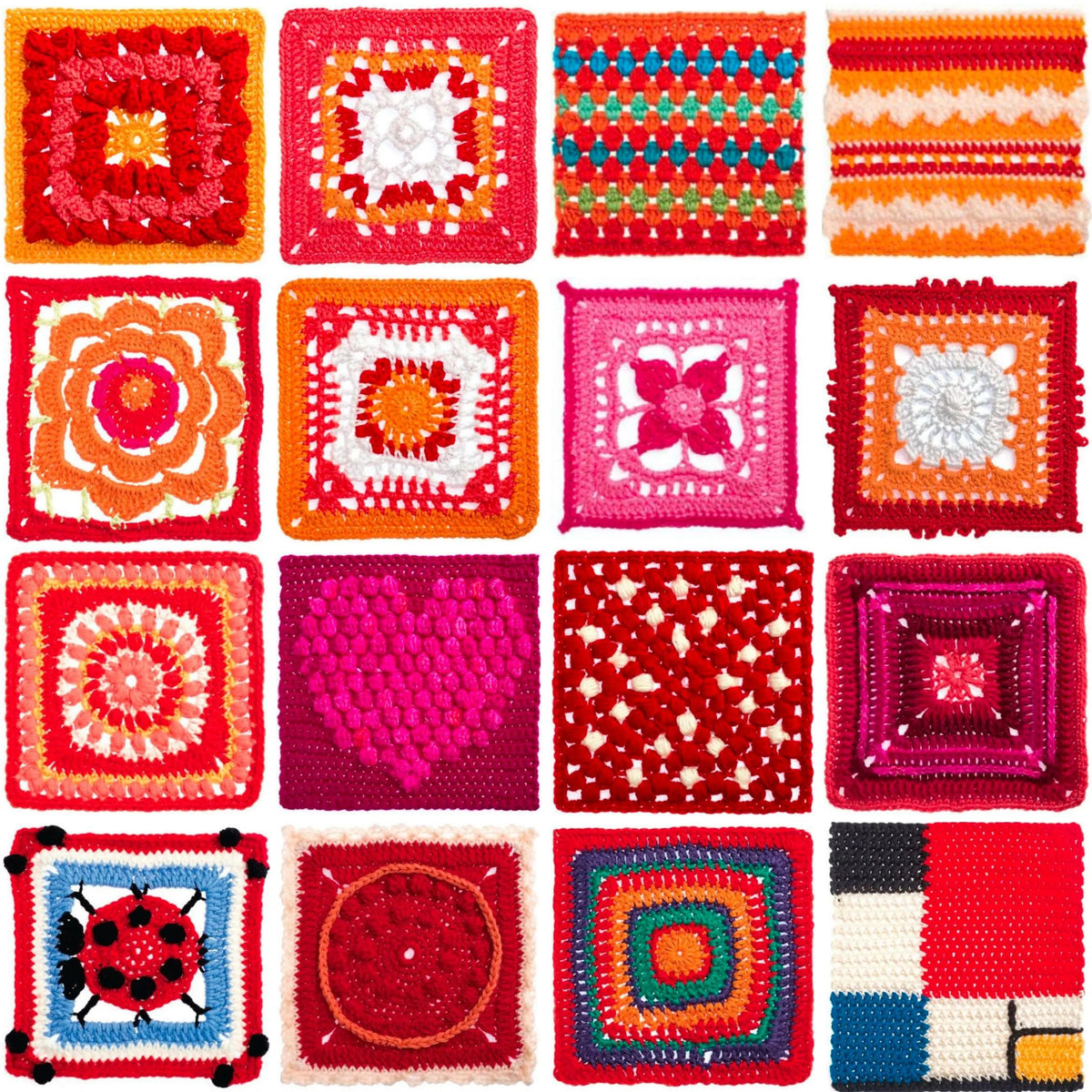 Red and pink crochet squares with floral, striped and ladybug designs