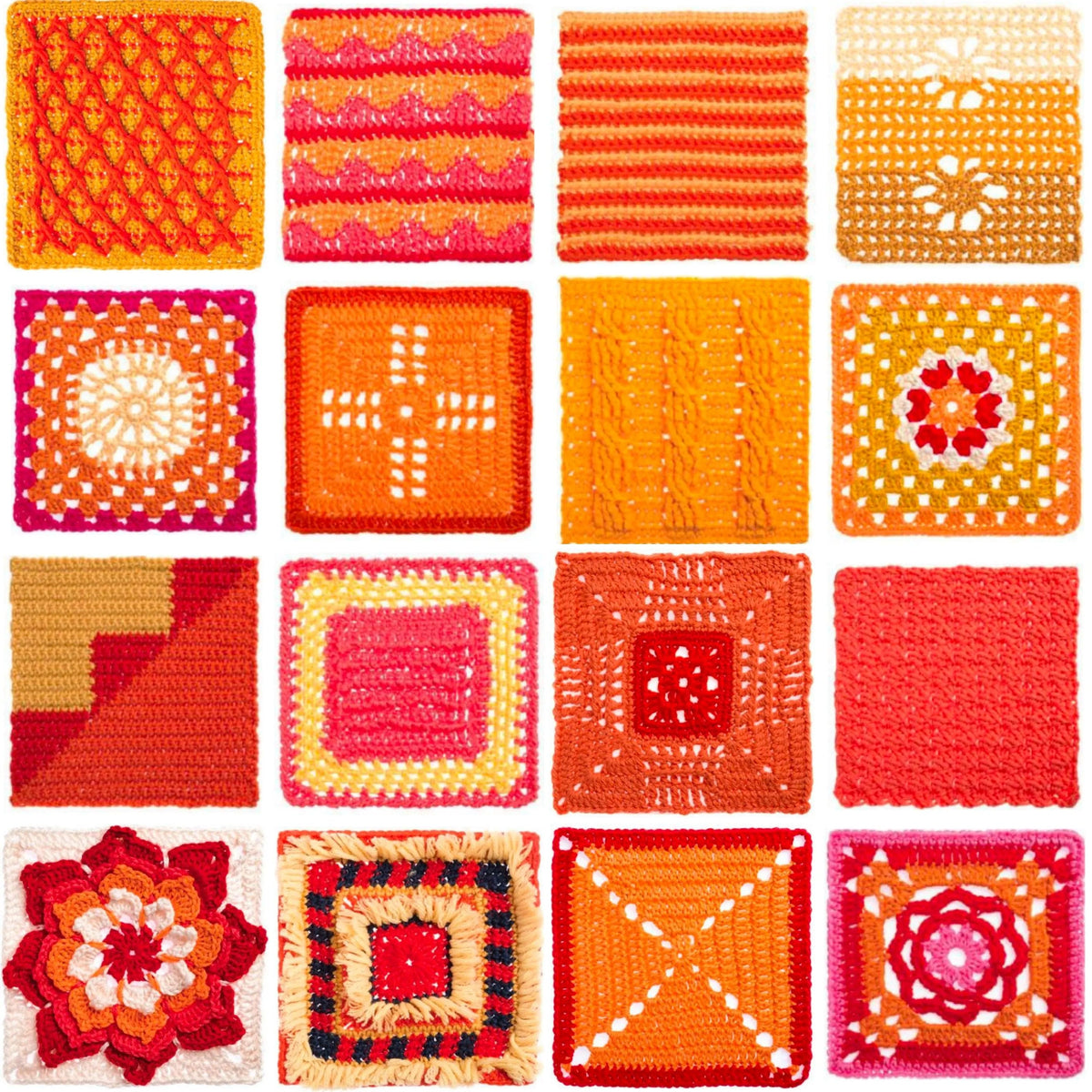 Orange, pink and red granny square samples with floral and textured stitches