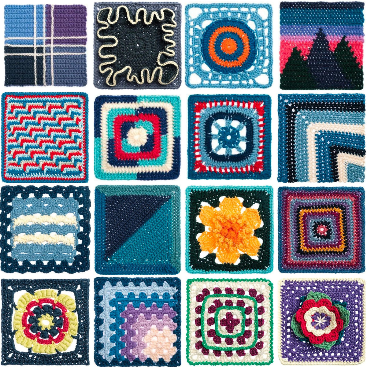Blue and green crochet squares with stripes, waves, a mountain and a cat motif