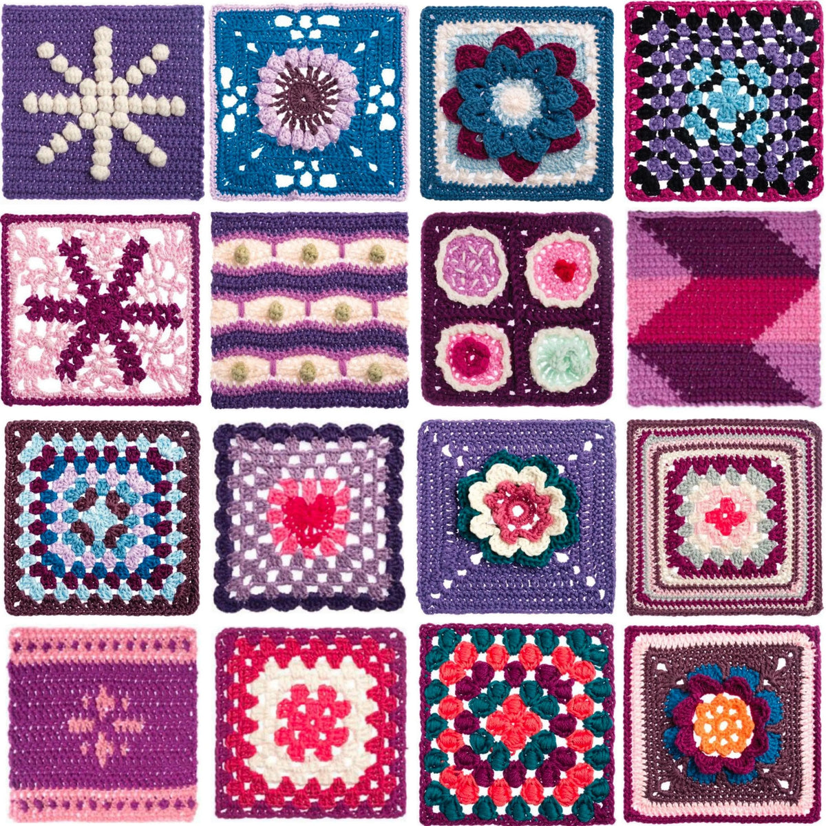 Blue, pink and purple granny square designs with geometric and floral centers