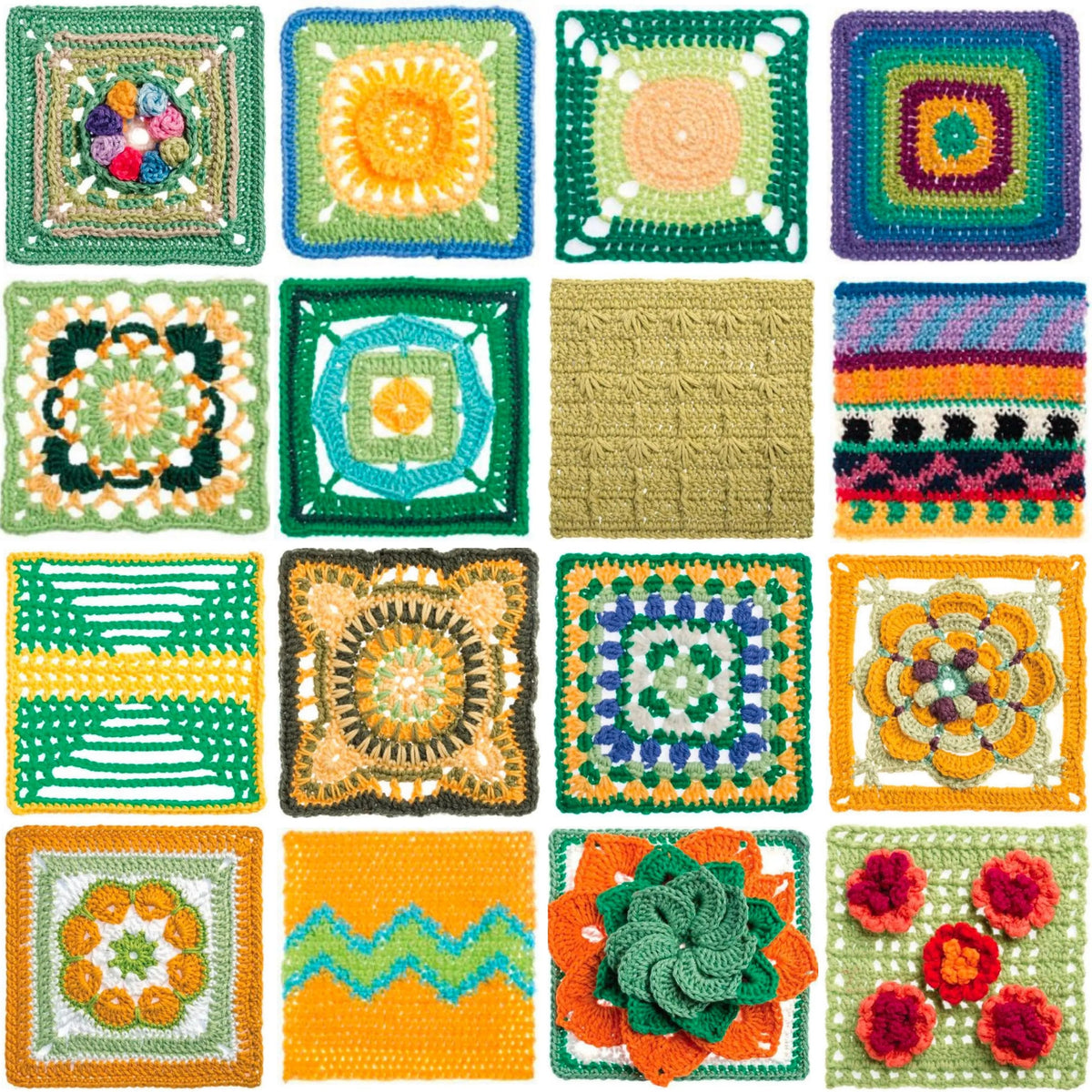 Yellow, green and turquoise crochet square designs with floral and raised textures