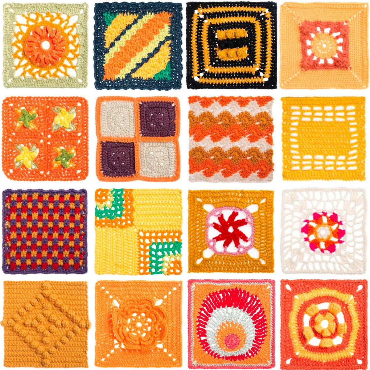 Yellow and dark blue crochet squares with geometric and flower motifs