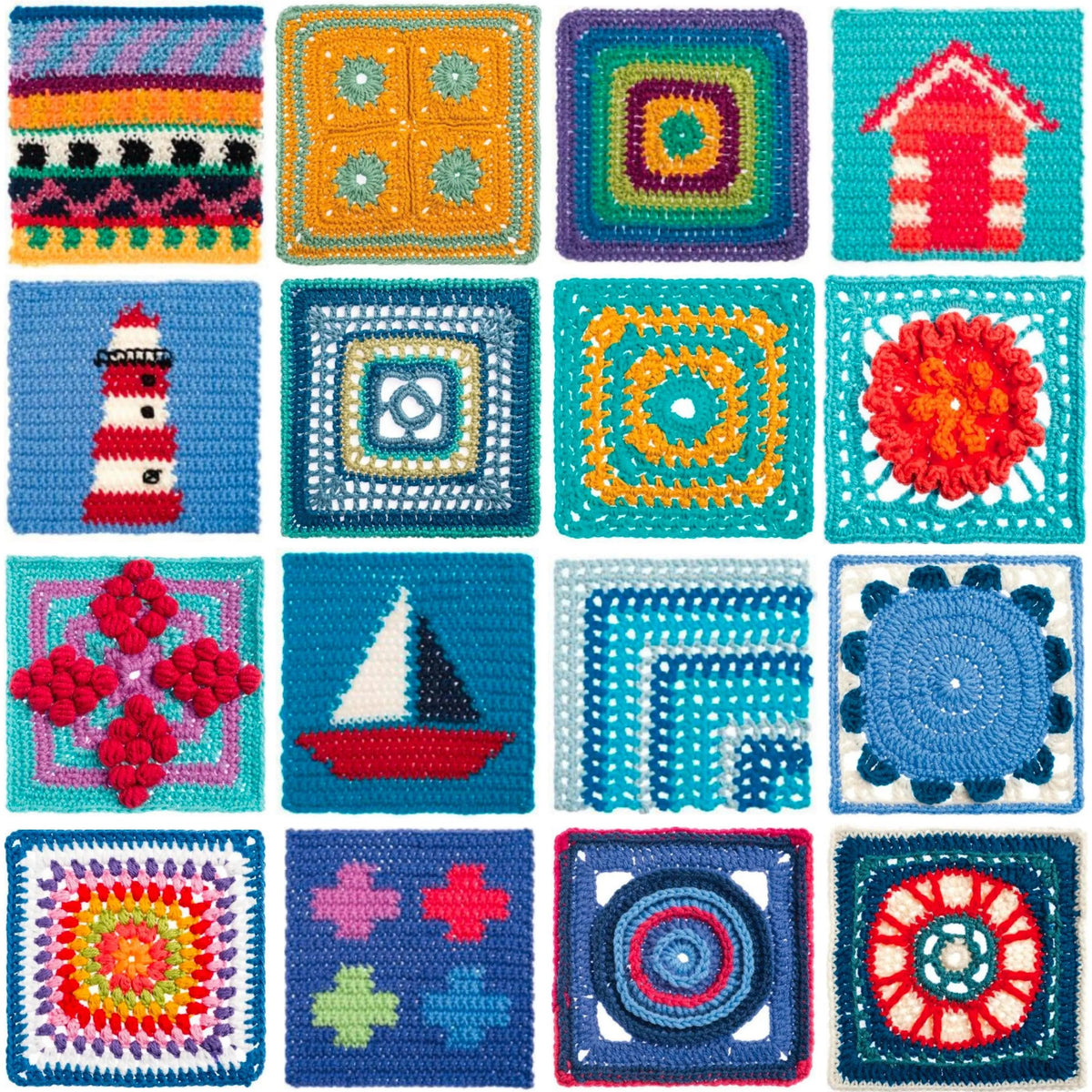 Multicolor granny square samples with circles, flowers and spiral patterns