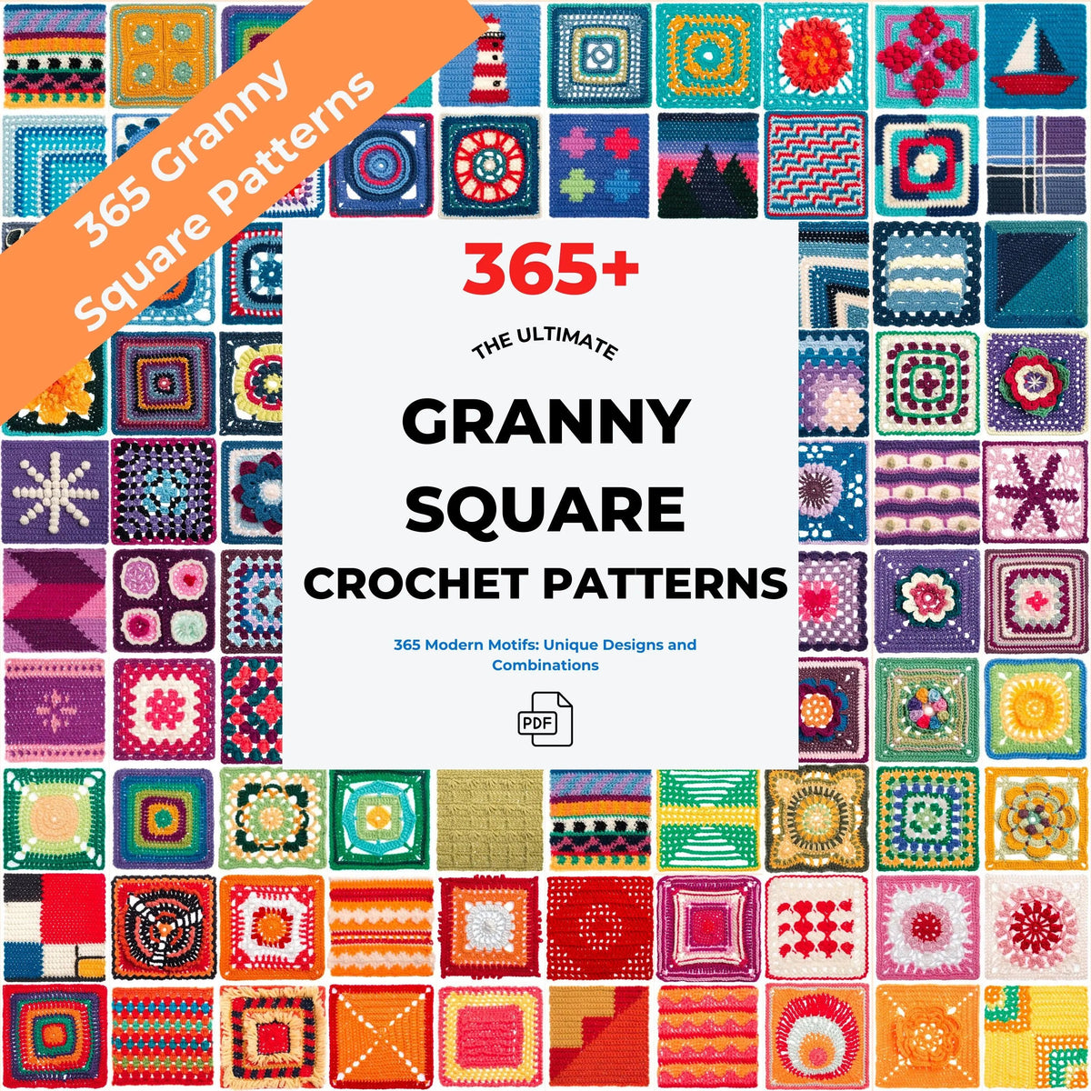 Granny square pattern cover surrounded by a grid of colorful crochet motifs