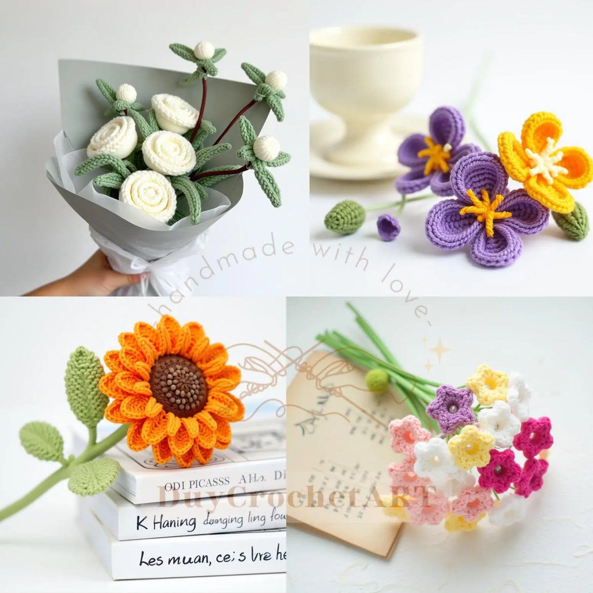 White crochet bouquet, purple flowers and sunflower examples