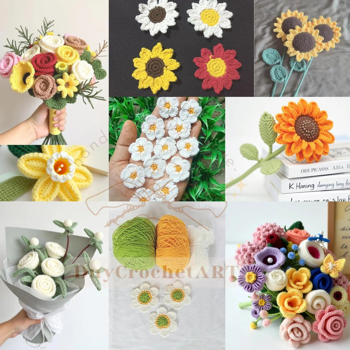 Collage of floral squares, bouquets and crochet blooms