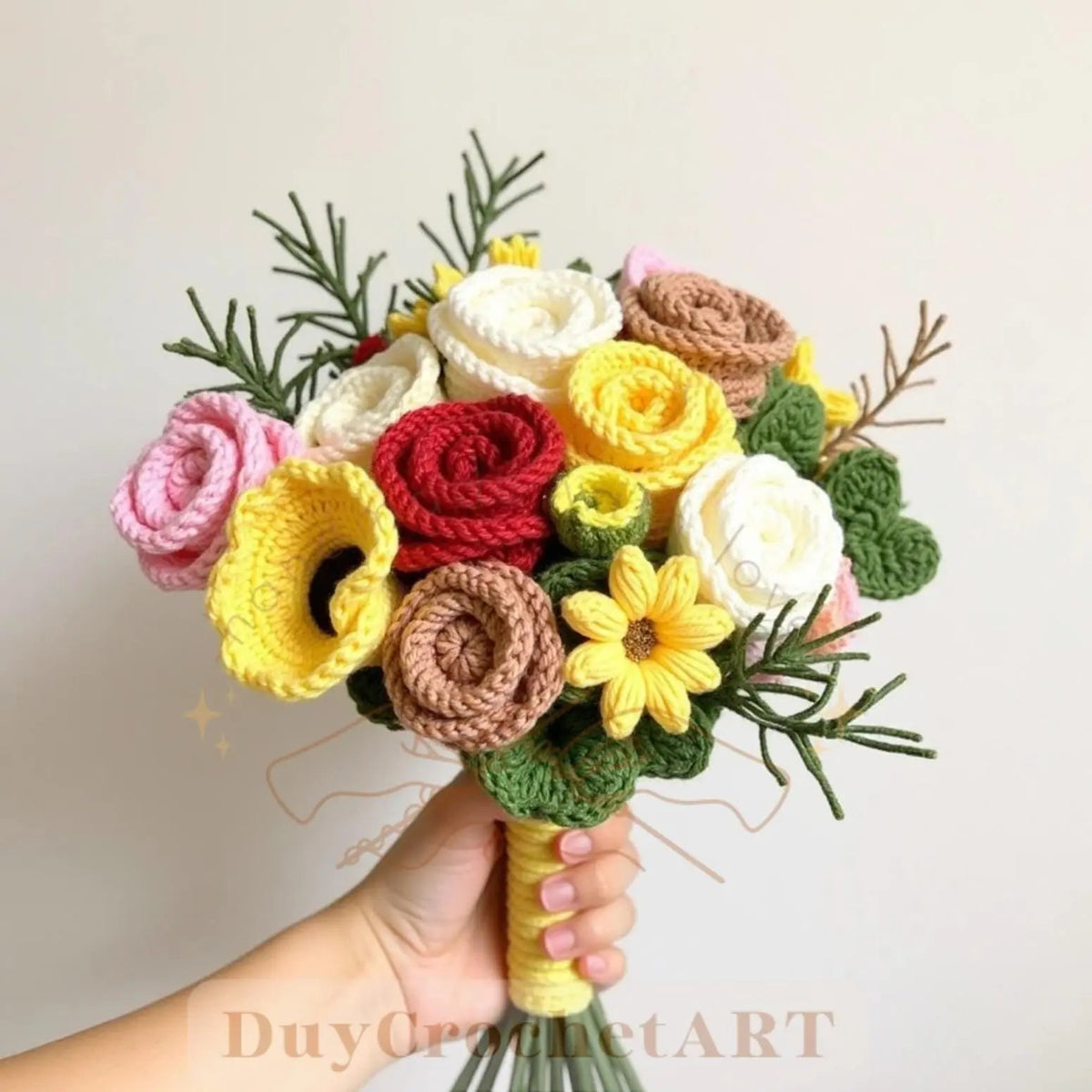 Handheld multicolor crochet rose bouquet