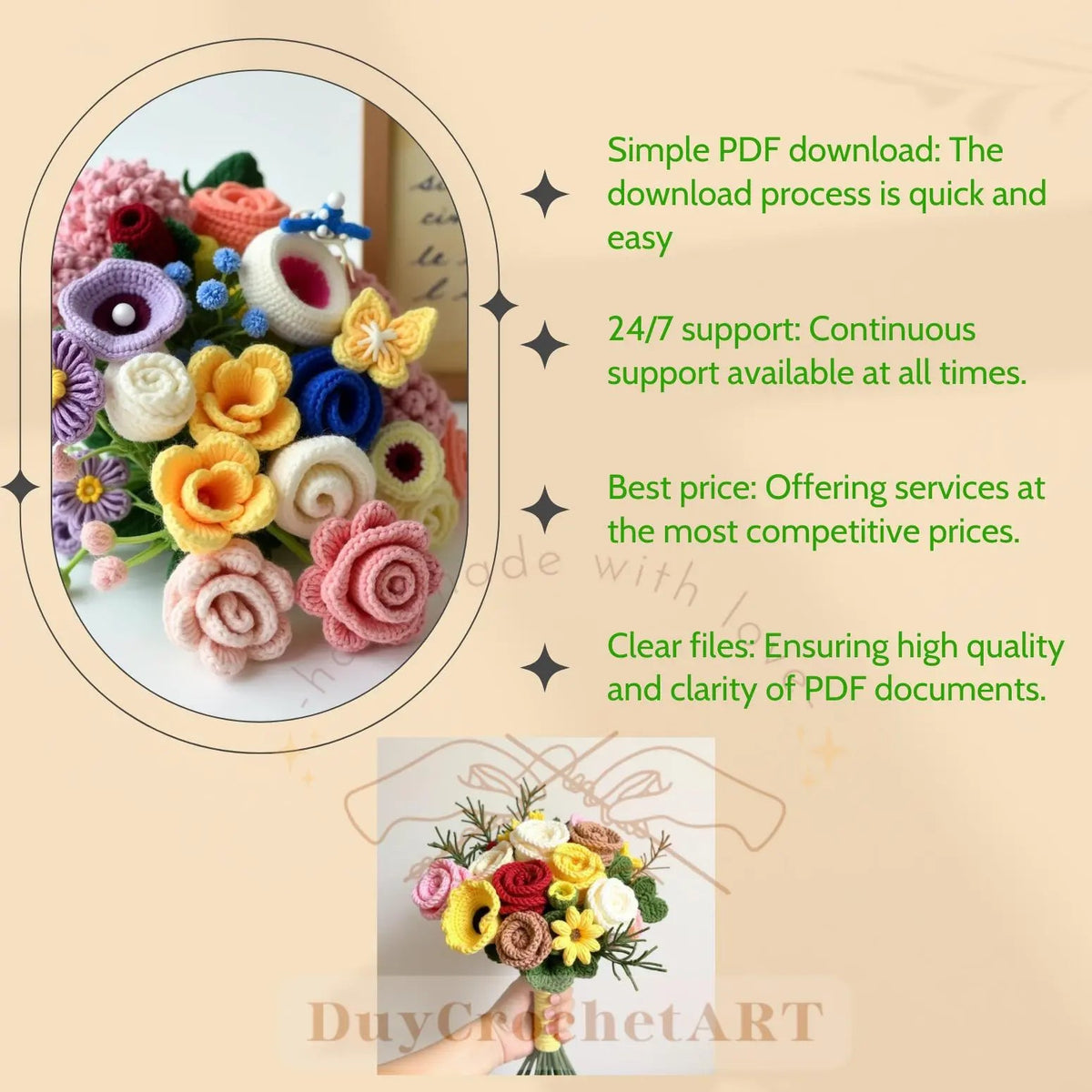 Crochet bouquet on a digital download information panel