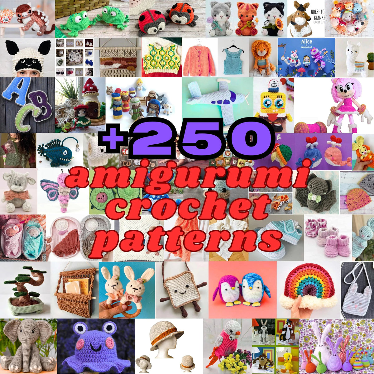 Crochet toy collage on purple 250-pattern graphic