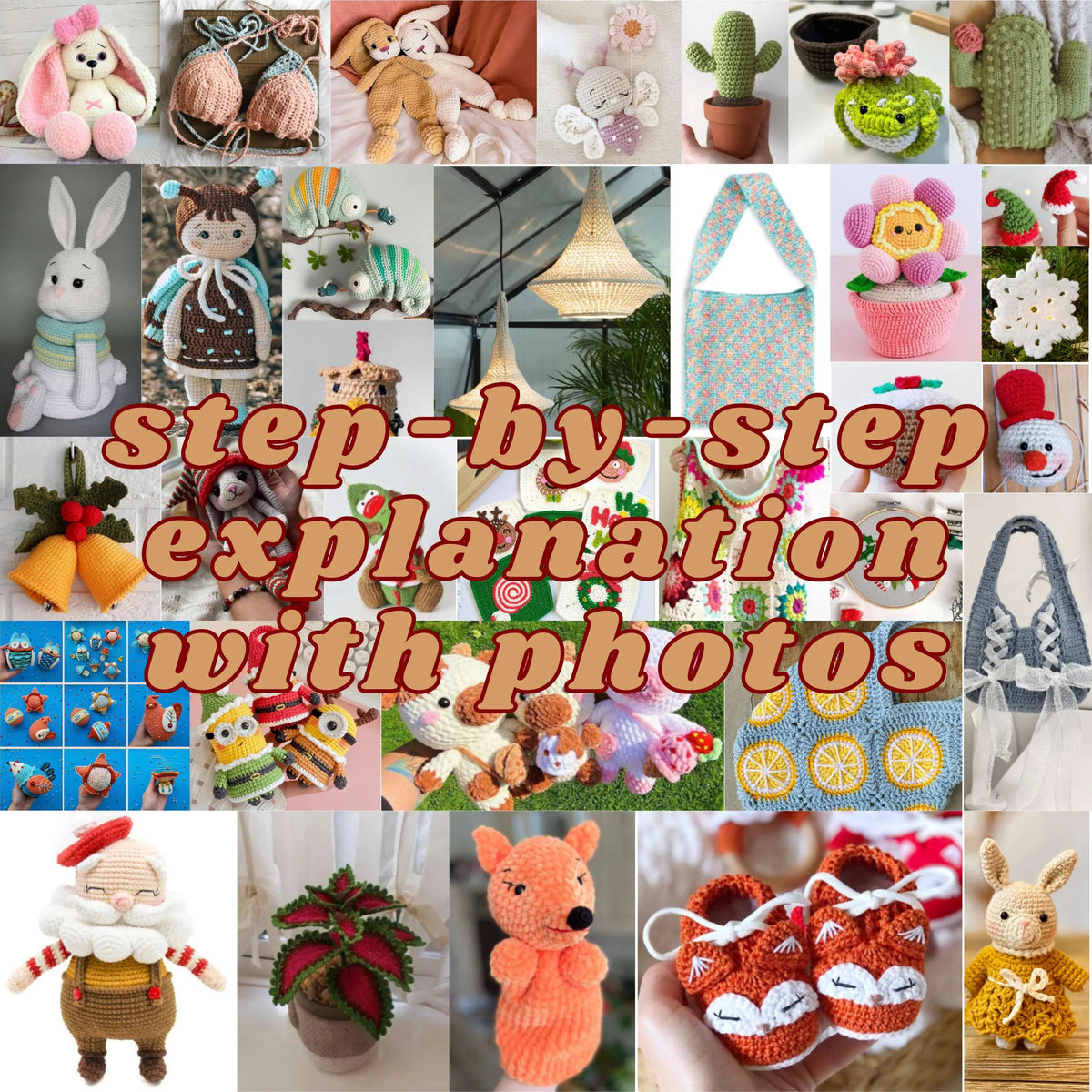 Amigurumi project collage with instruction preview