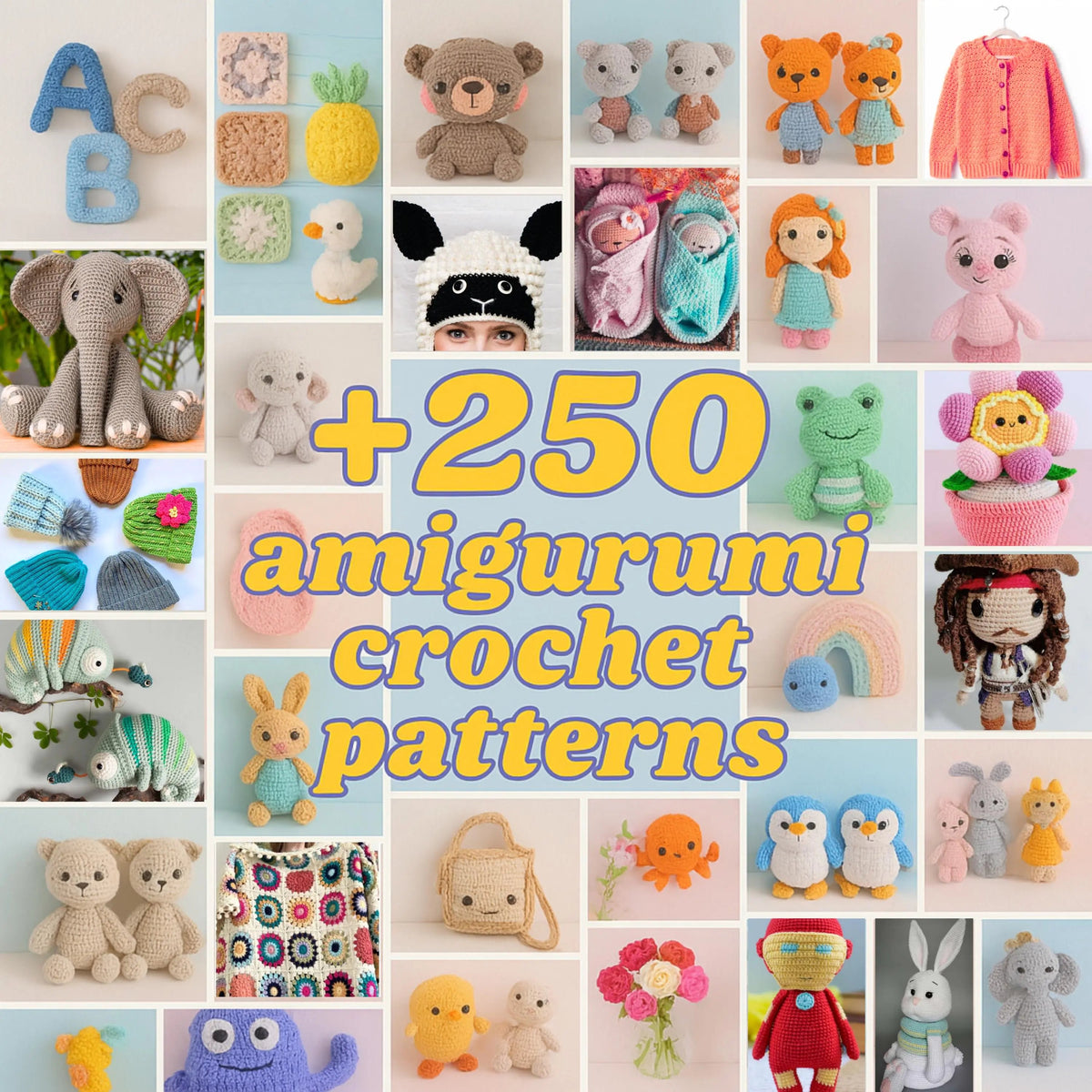 Collage of amigurumi projects on yellow 250-pattern graphic