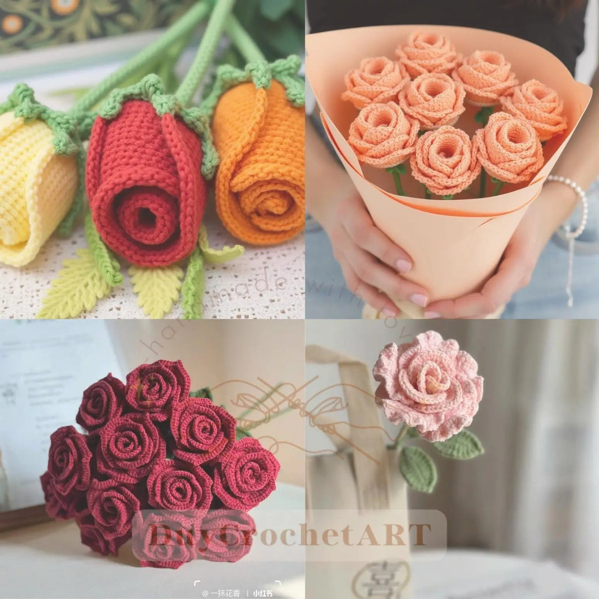 Collage of crochet rose bouquets and rolled flower designs
