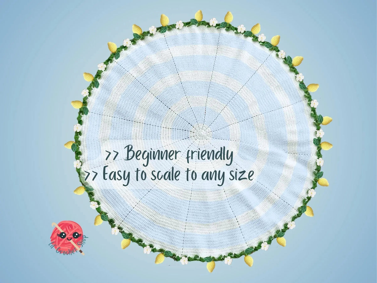 Lemon-edged crochet blanket spread flat