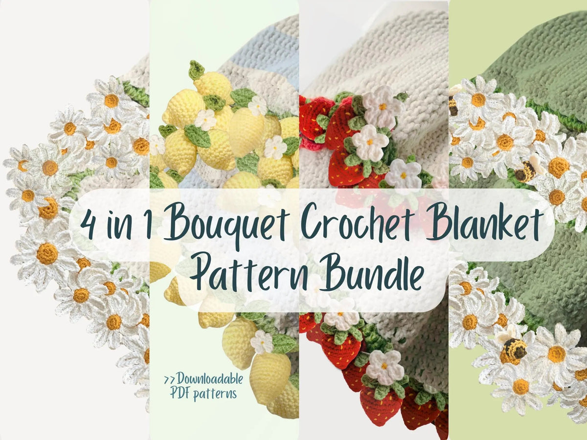 Four bouquet blanket designs on the crochet bundle cover