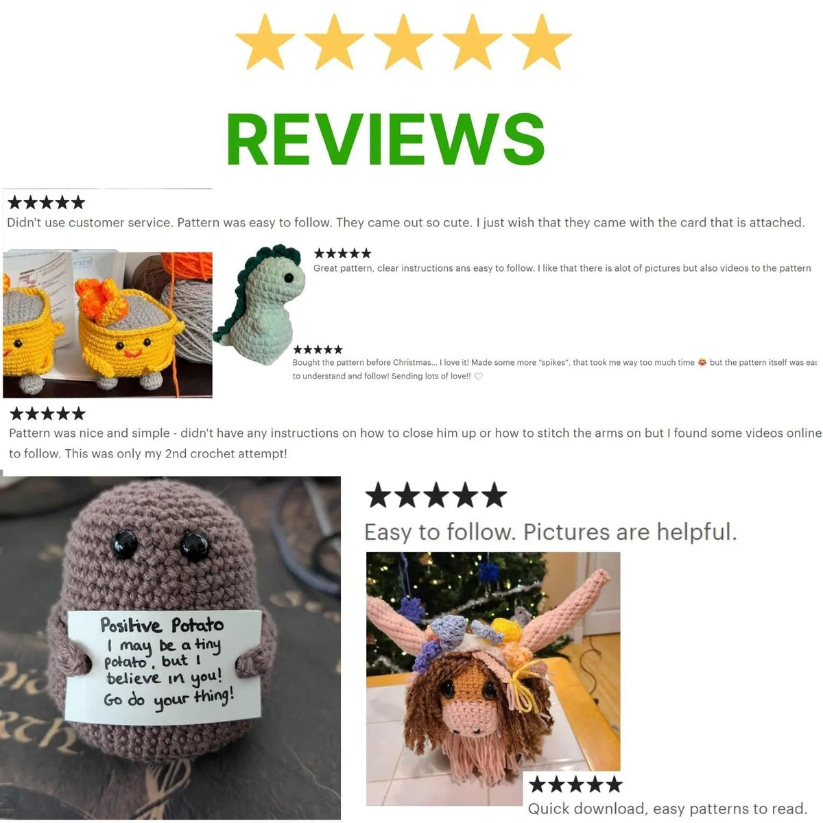 Promotional review collage displayed in the flower pattern gallery