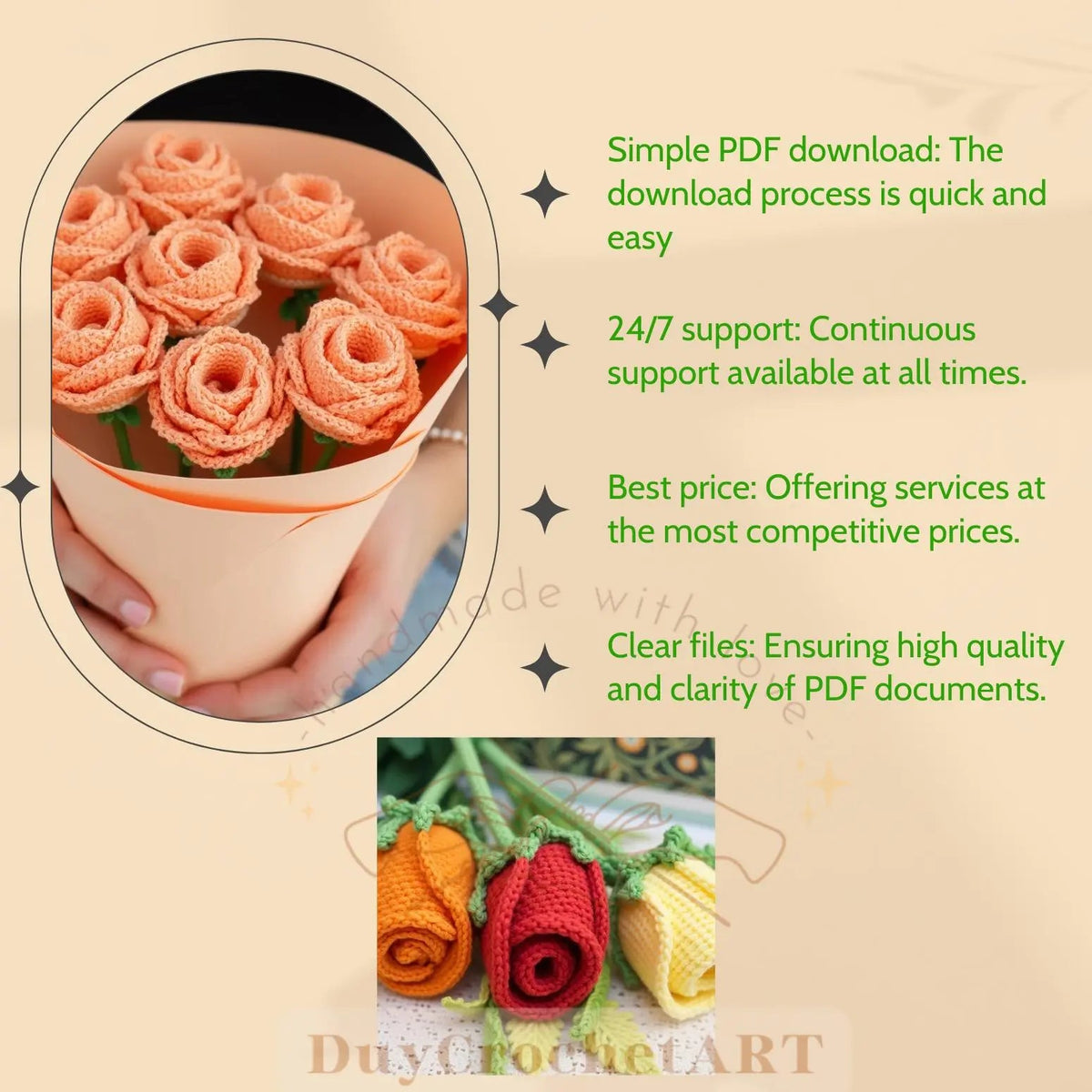 Flower bouquet promotional graphic with download information