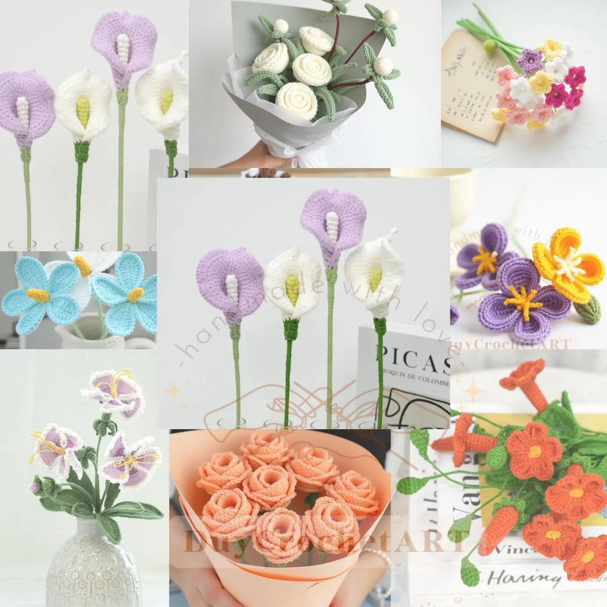 Collage of crochet calla lilies, roses and mixed bouquets