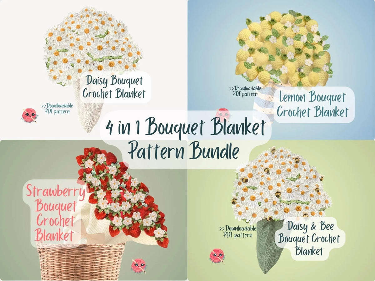 Overview of four crochet bouquet blanket designs