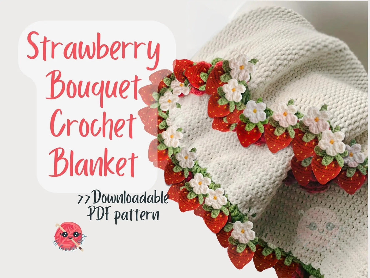 Strawberry crochet blanket gathered into a bouquet