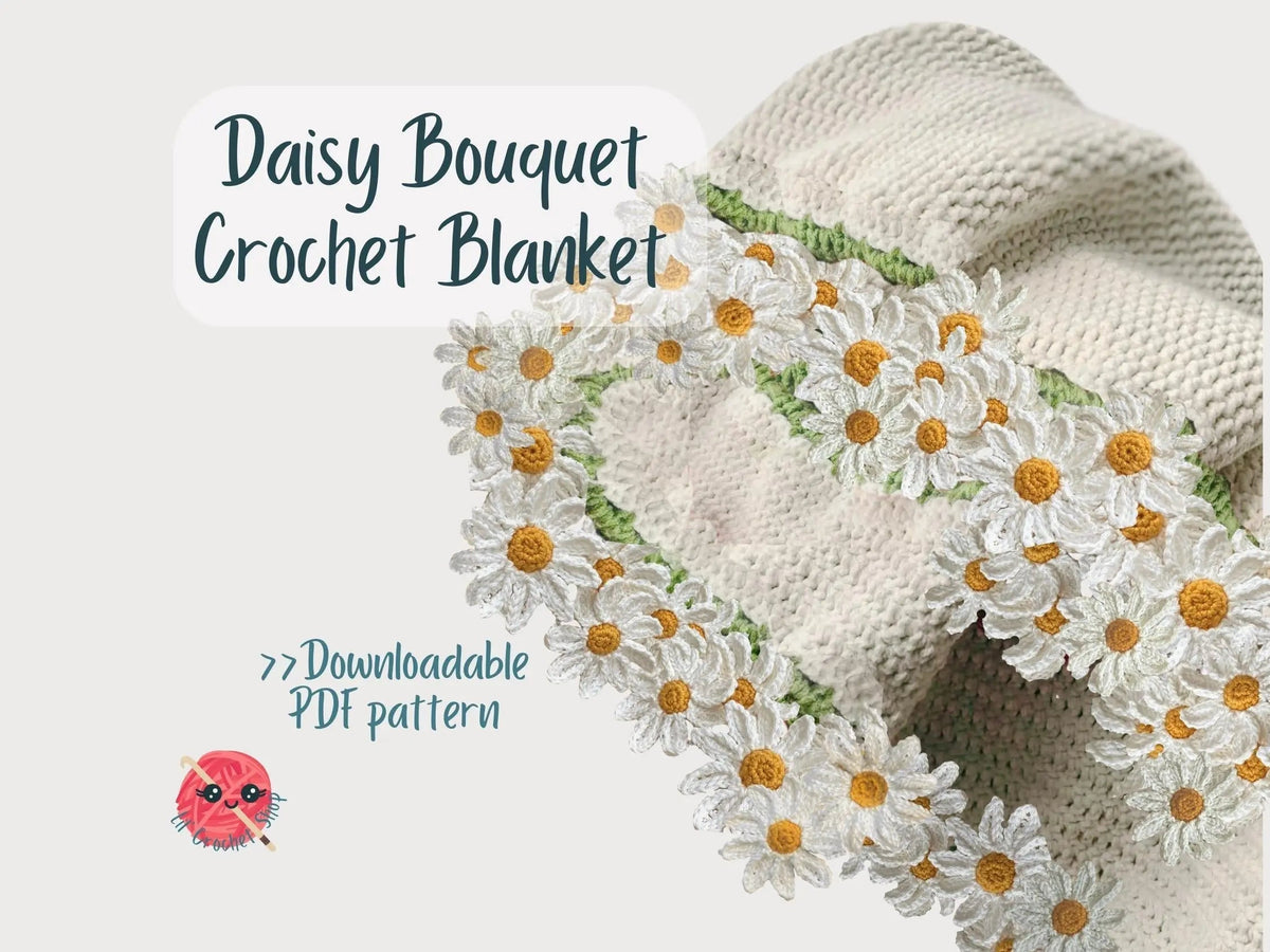 Daisy crochet blanket gathered into a bouquet